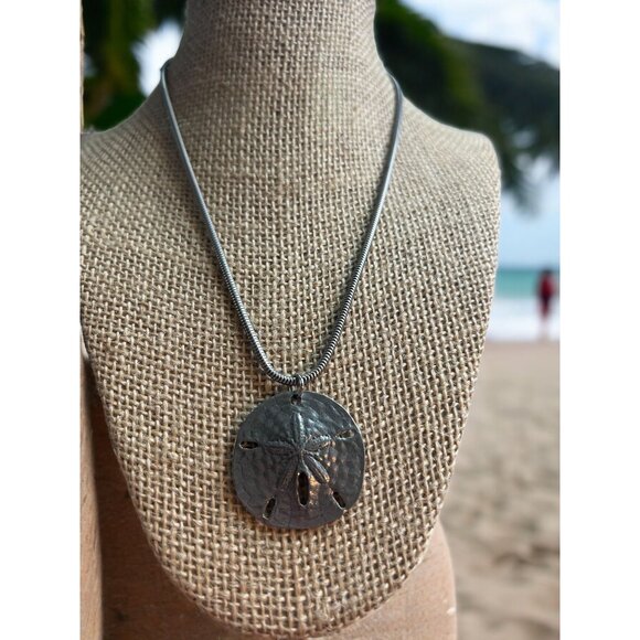 Vintage Pewter Sand Dollar Pendant Necklace Silver Tone Snake Chain 18" Chain - Picture 1 of 5